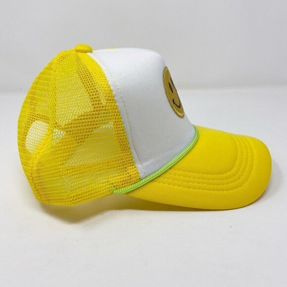 Yellow White Smiley Face Retro Trucker Snapback Hat Cap - Picture 7 of 15